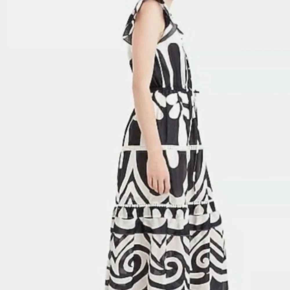 POINT SUR J CREW RATTI PRINT TIER RUFFLED NAVY & WHITE MAXI DRESS NEW WITH TAGS - Picture 2 of 14